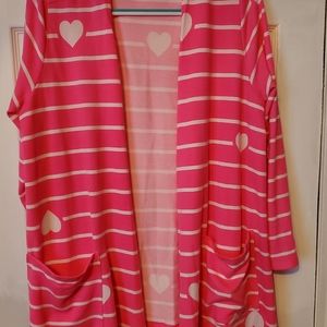 LulaRoe XL Caroline Cardigan Hot Pink/White Hearts/Stripes